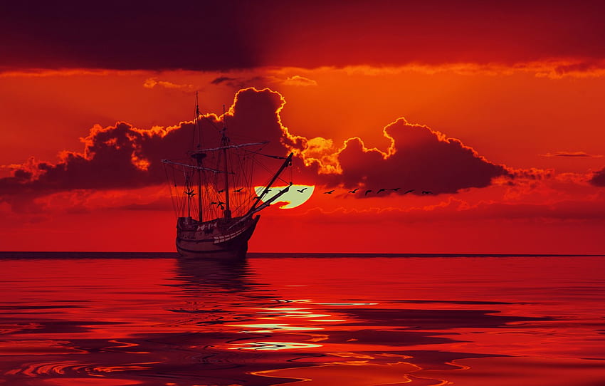 바다, 하늘, 태양, 구름, 새, 배, 범선, 수평선, 노을, 실루엣, 돛대, 섹션 ÑÐµÐ½Ð´ÐµÑÐ¸Ð½Ð³, Red Ocean을 위한 3D 그래픽 HD 월페이퍼